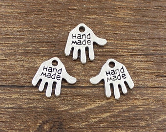 50pcs "Hand Made" Hand Charm Antique Silver Tone Double Side 13x12mm - SH126