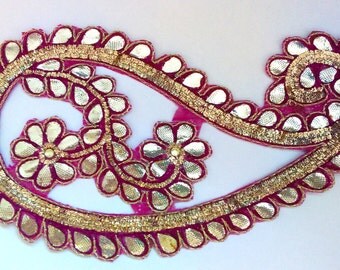 Peacock shape applique, grape shade applique, purple applique, pink applique, golden gota applique, applique from India, gold gota applique