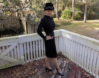 40's 1940's or 70's Does 40's Curve Hugging Black Long Sleeve Dress with Faux Pocket Flaps