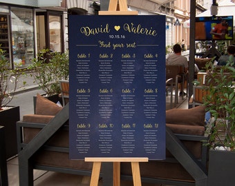 Wedding Seating Chart Sign, Wedding Seating Poster, Guest List Seat Chart, Navy Blue and Gold starry night CUSTOM DIGITAL Printable 20x30