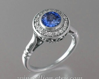 THE SECRET DELIGHT 14k gold natural Blue Sapphire engagement ring with diamond halo