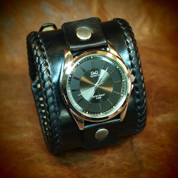 Leather cuff watch Black vintage style wide bracelet Best quality Made for YOU in NYC by Freddie Matara!