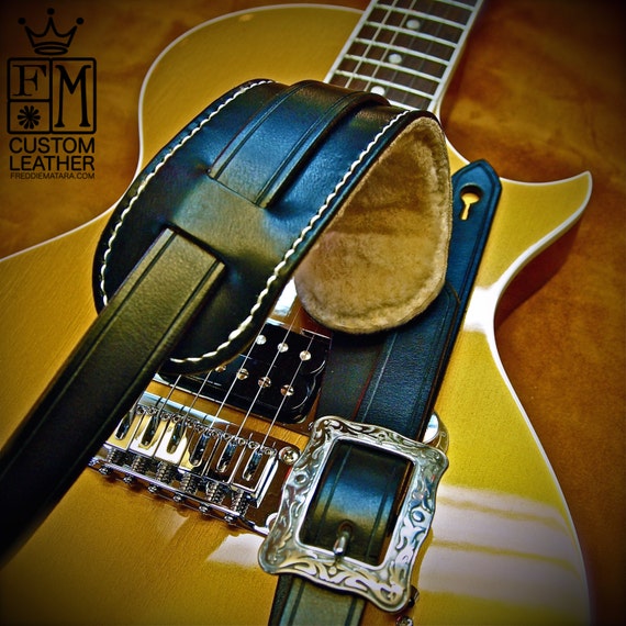 Black Skinny Leather guitar strap Black bridle leather- Plush Shearling adjustable shoulder pad Hand Made for You in NYC