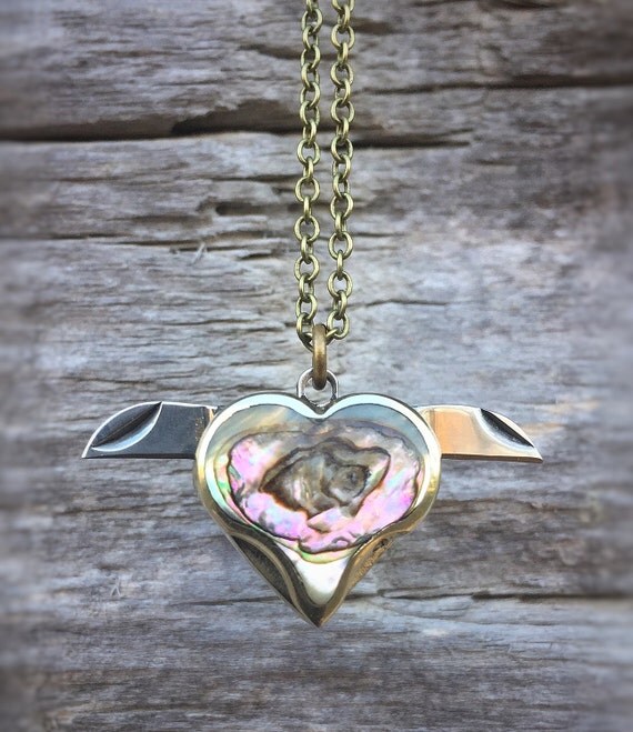 Hidden Knife Heart Charm Necklace Abalone Shell Tiny