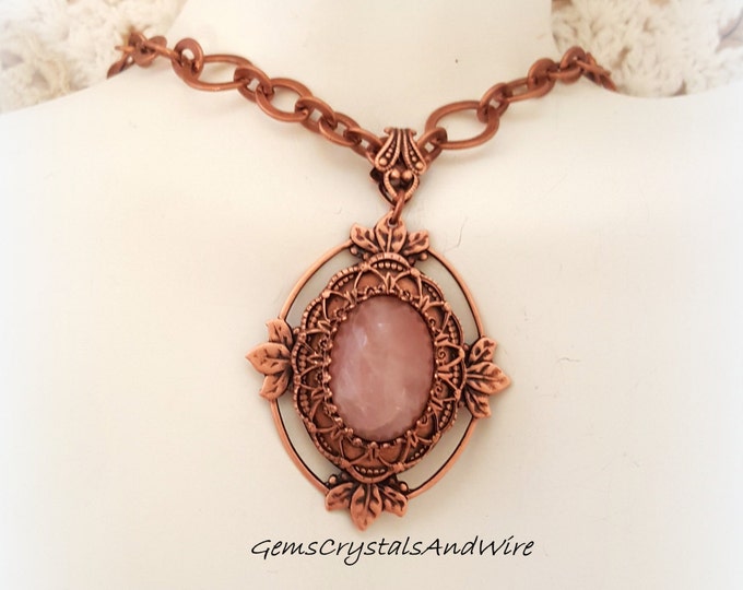 Rose Quartz, Antique Copper, Vintage Necklace, Gemstone Earrings, Romance, Victorian, OOAK