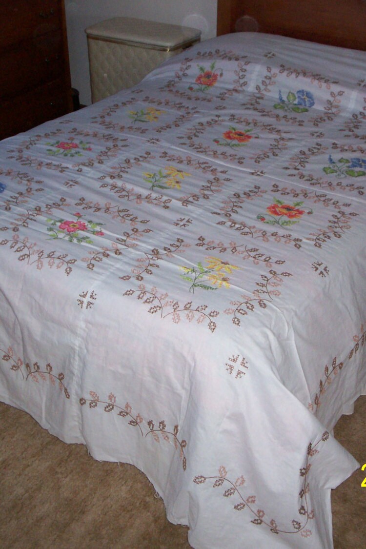 Queen Size Flower Cross stitch Quilt Top Ready to Ship