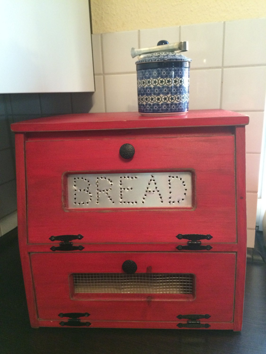 Wood Bread Box Vegetable Bin wooden Punched Tin Antiqued