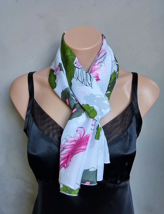 Floral White Green Pink Sheer Chiffon Scarf, Green Floral Scarf, Pink Floral Scarf, Floral Chiffon Scarf, White Floral Scarf