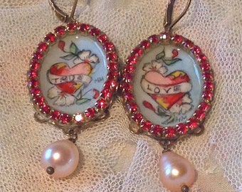 Lilygrace Tattoo Handpainted True Love Heart Cameo Earrings with Vintage Rhinestones, Lapis Lazuli and Pink Freshwater Pearls