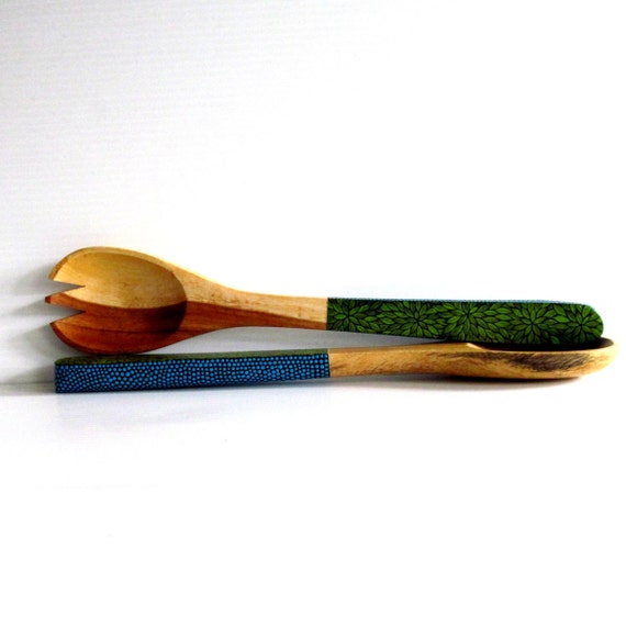 Salad Servers: Hand Painted Salad Servers Blue and Green Leaves and dots