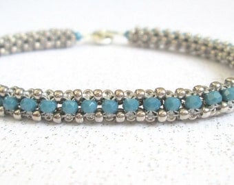 teal beaded jewelry silver bead bracelet seed bead cuff