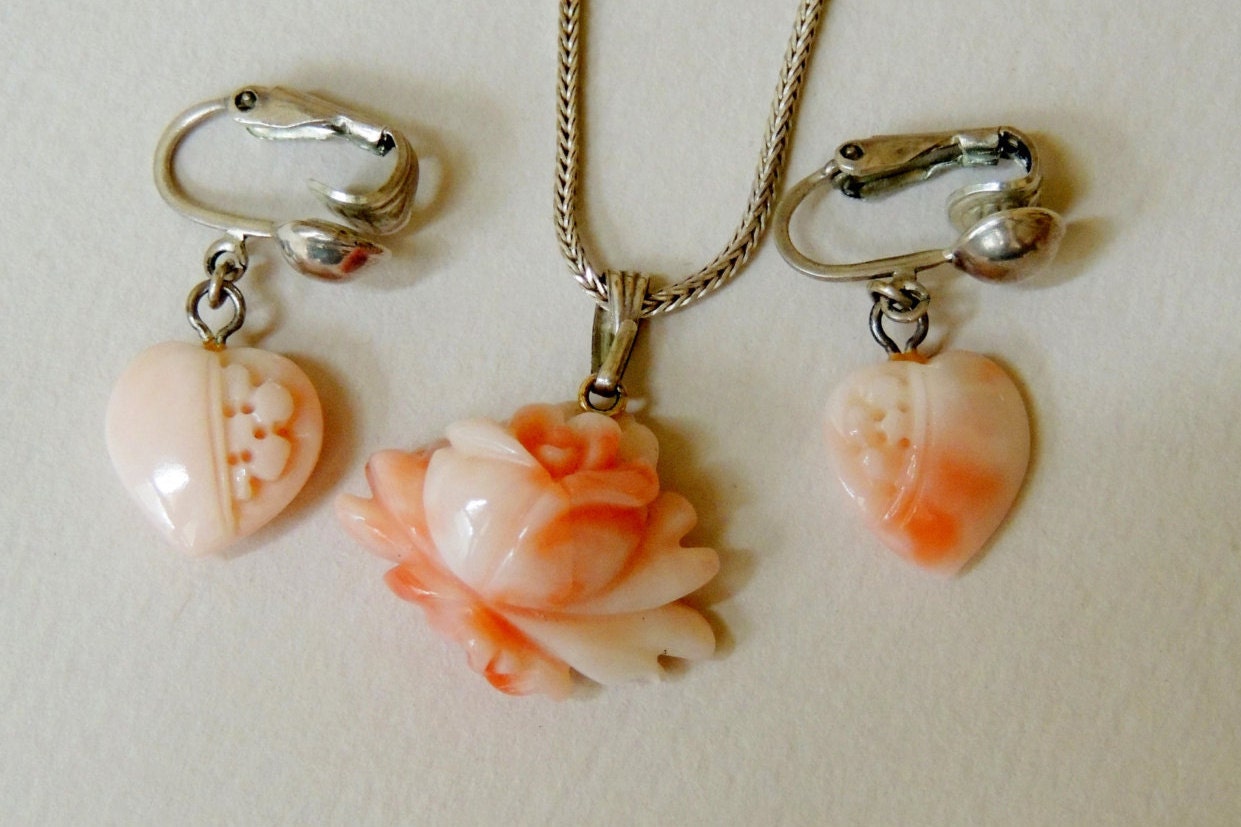 Italian Carved Rose Pendant and Heart Earrings in Sterling