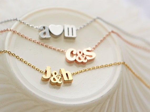 Initial & Ampersand Bracelet - Silver Gold or Rose Gold Initial Bridal Gift Personalized Bridesmaid Lowercase Letter Bracelet Wedding