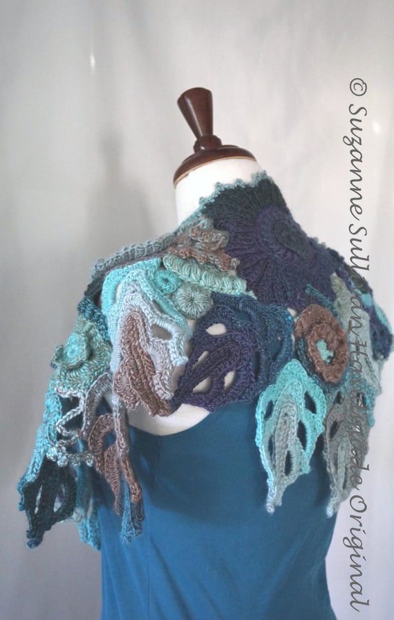 Free Form Crocheted Shoulder Wrap, Woman's 3d Free Form Mini Shawl, Multi Color Aqua Teal Blue, Woman's Wearable Art Wrap