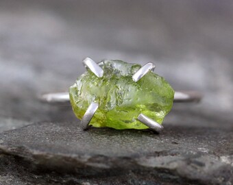 Peridot Sterling Silver Ring - Raw Uncut Rough Peridot - Green Gemstone Ring - August Birthstone Ring - Peridot Stacking Ring