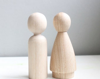 Peg Doll Woden Wedding Cake Toppers with DRESS - size 3.5" - Fair Trade 2 Wooden Dolls - Unpainted