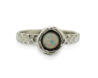 Opal ring set in hammered sterling silver, stacking ring