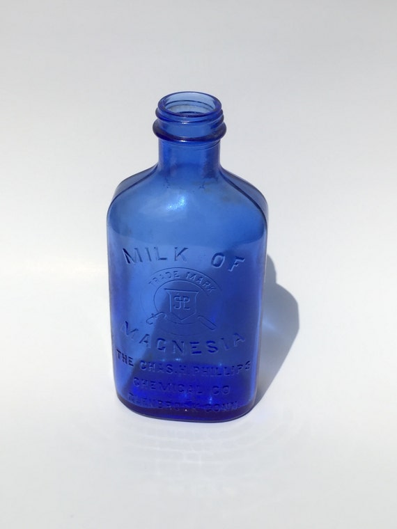 Vintage Blue Glass Milk Of Magnesia Bottle