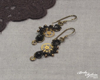 Time KEEPER STEAMPUNK EARRINGS - bronze & black earrings, steampunk dangle earrings, steampunk jewelry, elegant steampunk, black steampunk