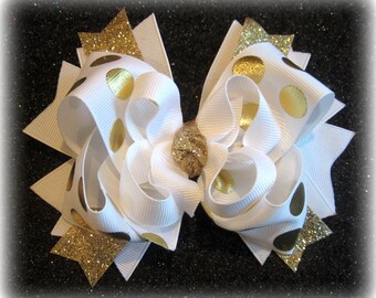 Gold Hair Bow, Gold Hairbow, Boutique Hair Bow, Gold Glitter Bow, Gold Foiled Bow, White and Gold Bow, Girls Hair Bows, Boutique Hairbows