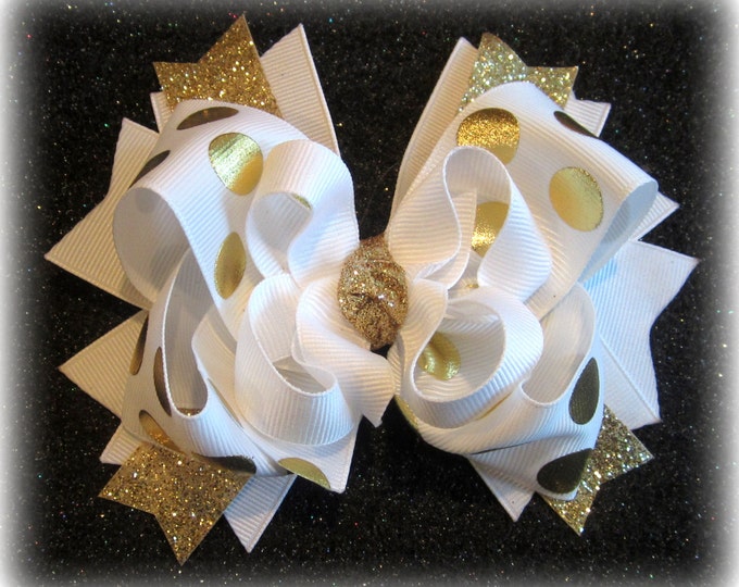 Gold Hair Bow, Gold Hairbow, Boutique Hair Bow, Gold Glitter Bow, Gold Foiled Bow, White and Gold Bow, Girls Hair Bows, Boutique Hairbows