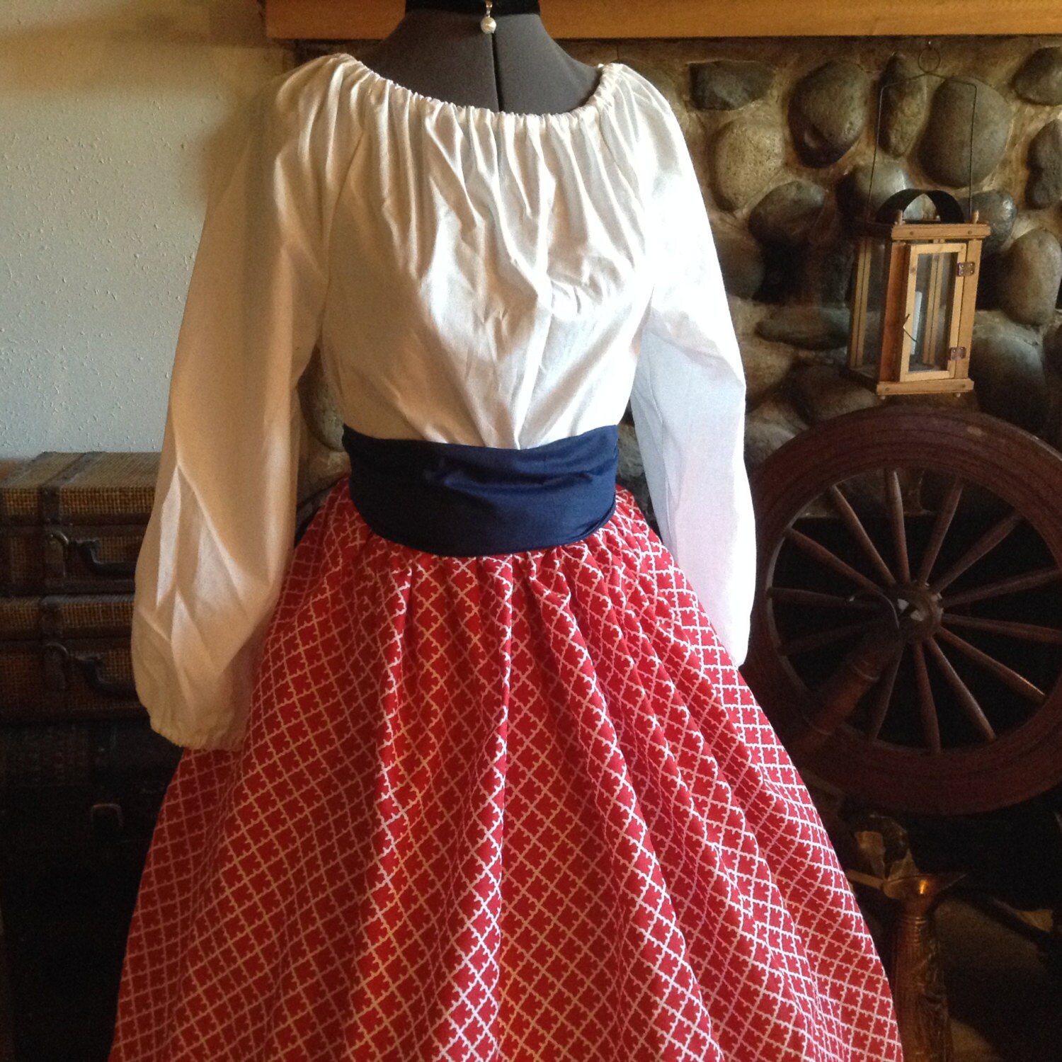 Civil War Pioneer Colonial Red and White Print Skirt Blouse