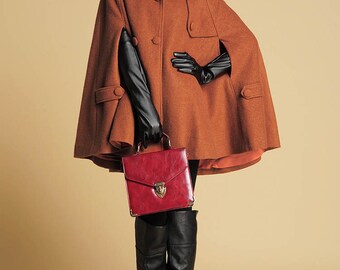 Hooded cloak, cape, wool cloak, plus size coat, womens clothing, cape coat, winter cape, orange coat, short coat, winter streetwear 390