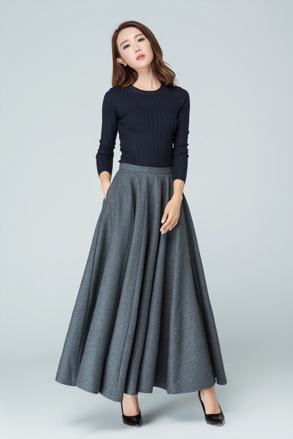 Maxi skirt pleated skirt skirt with pockets winter skirt