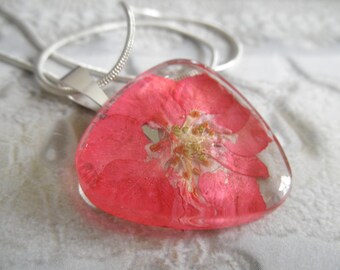 Bright Pink Larkspur Pressed Flower Glass Triangle Pendant-Symbolizes An Open Heart-July's Birth Flower-Nature's Wearable Art