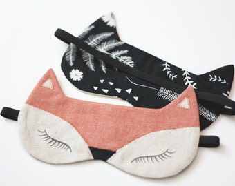 Fox Sleep Mask, sleeping mask, Cat Sleep Mask, natural Linen Hand-Printed Eye Mask, Fox or Kitty sleep mask, light-blocking Sleep mask