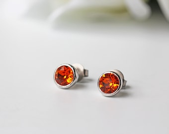 Tangerine Orange Swarovski Crystal Titanium Stud Earrings Silver Simple Dainty Nickel Free
