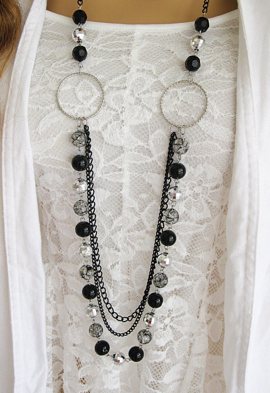 Long Black Beaded Necklace Long Silver and Black Beaded