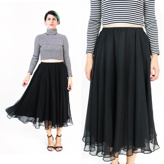 Vintage Black Chiffon Skirt Sheer Black Maxi Skirt Full Black