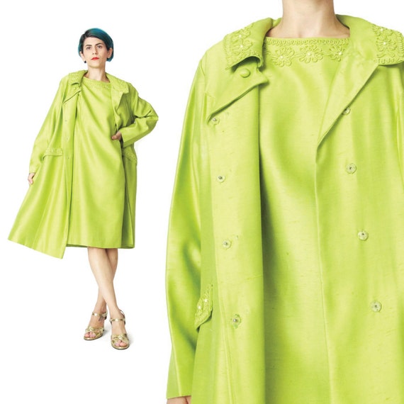 1960s Evening  Jacket  and Dress  Suit Set  Matching Outfit Lime