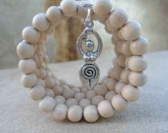 White wood 108 Bead Mala Bracelet Divine Feminine Fertility Goddess Doula Gift Midwife New Mother Mala Beads Pagan Prayer Beads Goddess