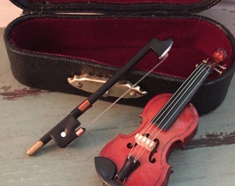 Miniature Violin with Case, Mini Violin, 2 and 1/2 Inches Tall, Mini Accessory, Decor, Topper