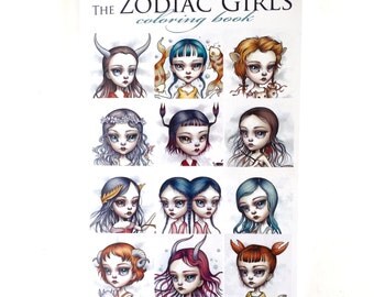 Zodiac Girls Coloring Book - Tattoo Line design book surrealism lowbrow art book by Mab Graves - Zodiac astrology sign book