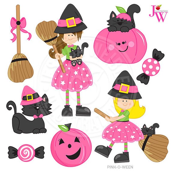 Pink-O-Ween Pink Halloween Cute Digital Clipart, Halloween Witch Clip ...