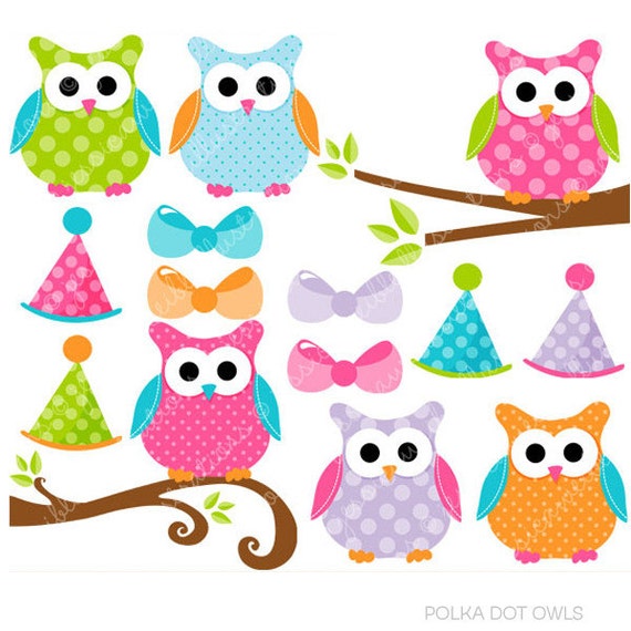 Polka Dot Owls Cute Digital Clipart, Commercial Use Clip art, Cute Polka Dot Owl Clip Art, Owls on Branches, Pink Owl Graphics, Party Owl Il_570xn