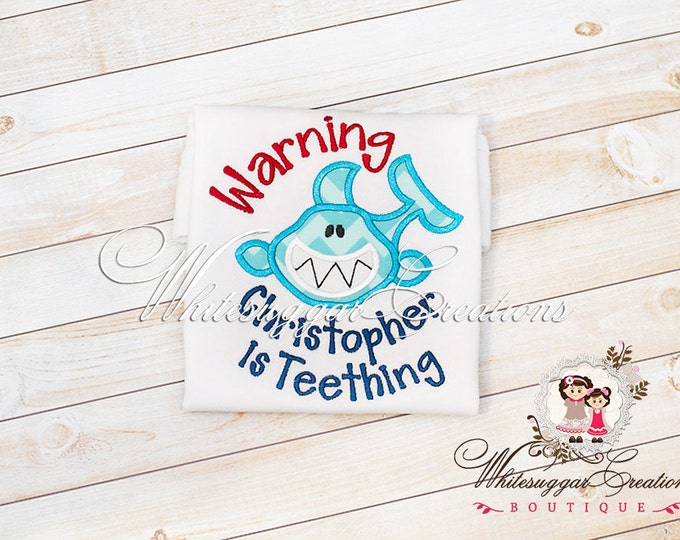 Warning I'm Teething Shark Shirt, Embroidered Boys Shirt, Baby Teething Outfit, Toddler Shirt, Teething Baby Shirt, Shark Shirt