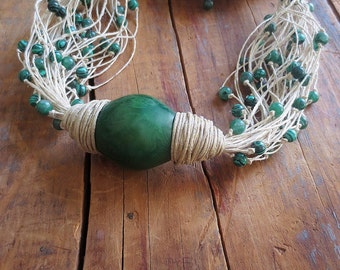 Statement Necklace, Tagua Nut Necklace, Linen Neklace, Malachite Green Tagua Nut Bead, Organic Bead, Linen Cord