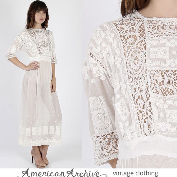 vintage Edwardian Wedding Dress Sheer Floral Crochet Lace