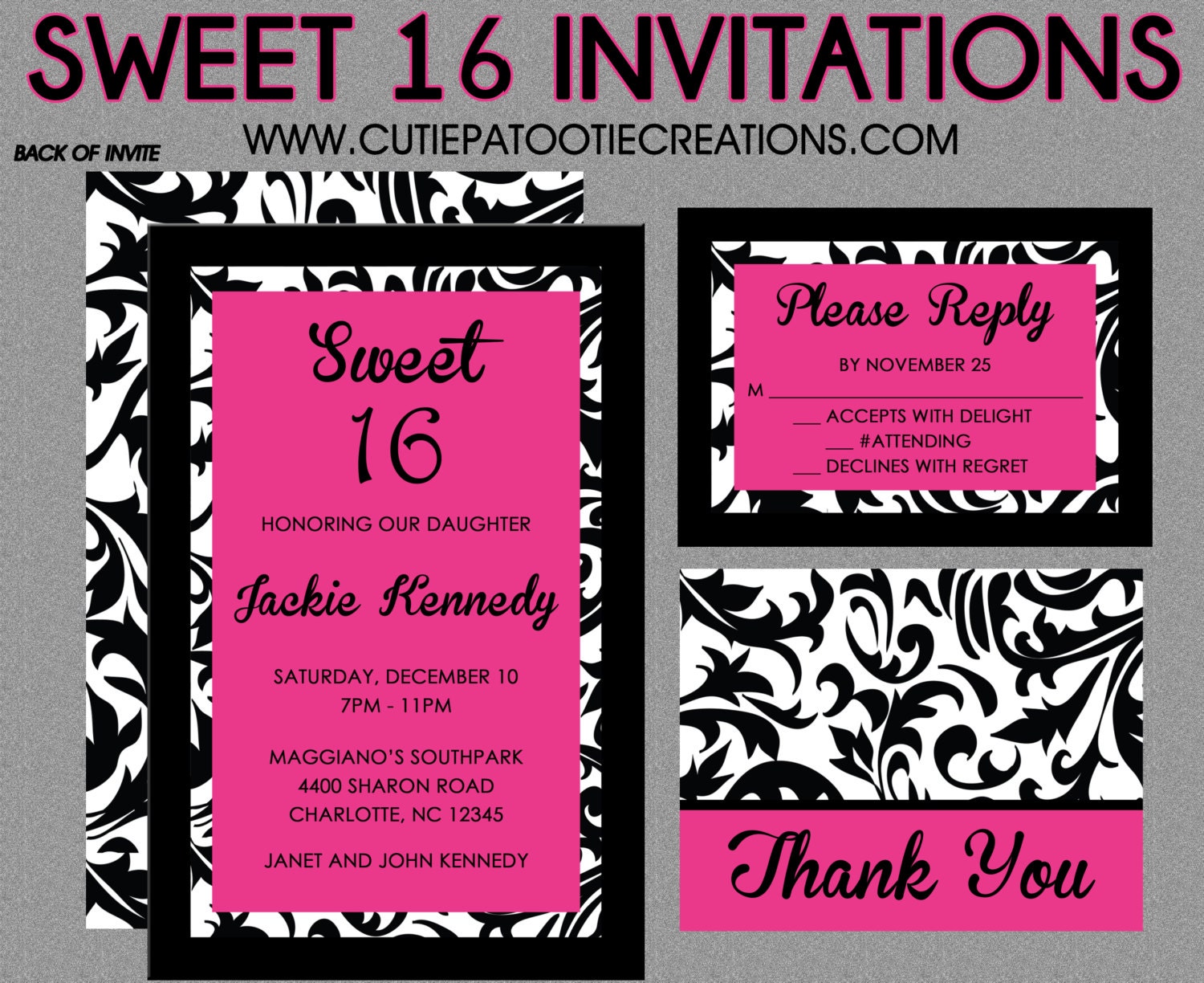  Sweet 16 Birthday Invitations  Quinceanera Invitation  Black