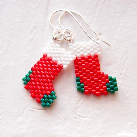 Items similar to Peyote Stitch Christmas Stockings Beaded Earrings ...