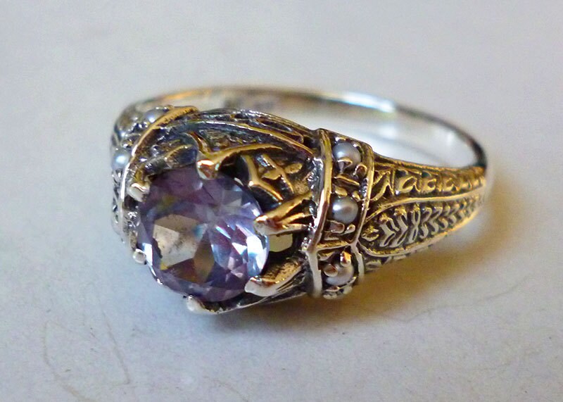 Color Changing Alexandrite and Seed Pearl Ring Sterling