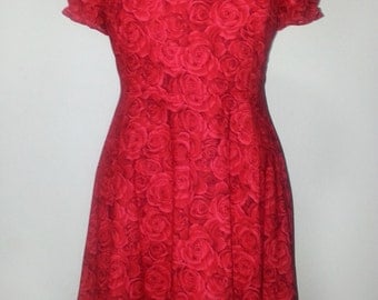 Floral Red Rose Print Cotton Handmade PLUS SIZE 50s Rockabilly Dress Short Sleeves Size 18