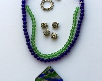 Blue and Green Lampwork Glass Pendant Full Strand Glass Beads a Plenty Kit
