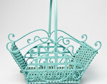 Wicker and Iron Basket Hand Painted in Aqua / Napkin Holder / Kitchen Decor / Kitchen Storage / Home Decor