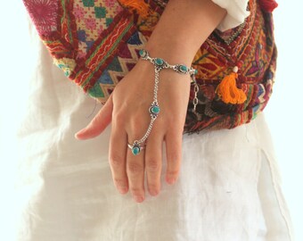 Combo silver plated chain& Tiger Eye Native Indian inspired slave bracelet Adjustable Hand piece Bohemian Festival jewelry designed by Inali
