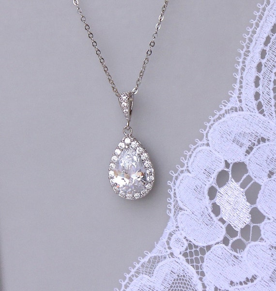 Silver Teardrop Crystal Necklace Crystal Bridal Necklace
